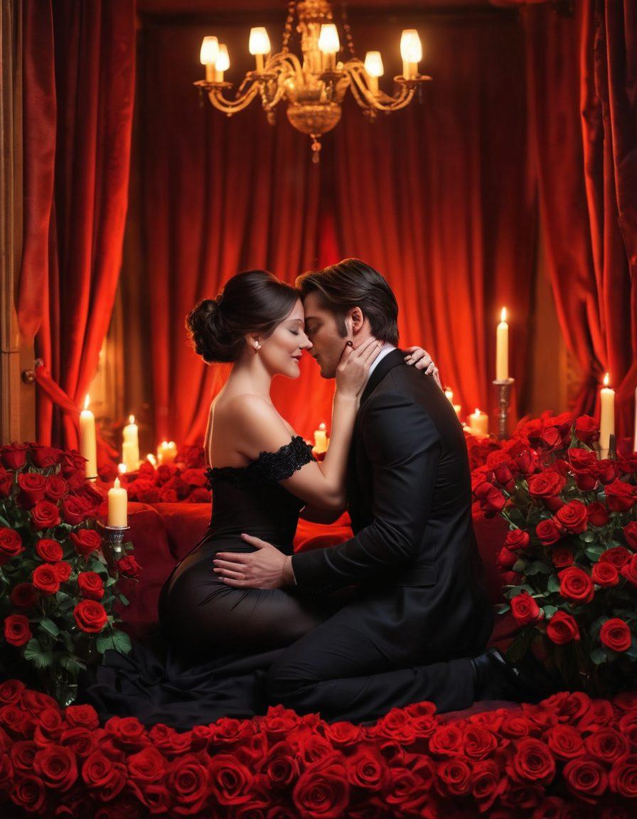 A romantic scene with a couple sharing an intimate moment, surrounded by soft candlelight and vibrant red roses. The background features subtle silhouettes of various adult entertainment elements, like a tasteful mask and luxurious fabrics, suggesting passion and allure. Warm, inviting colors dominate the image, evoking feelings of love and connection. The couple's expressions convey deep desire and excitement. super-realistic. vibrant colors. romantic atmosphere.