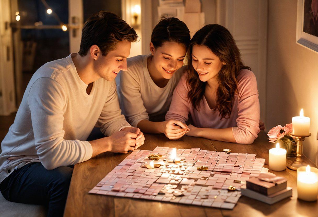A warm, inviting scene of a couple enjoying a cozy evening together, surrounded by soft, glowing candlelight, engaging in a heartfelt conversation. In the background, elements like a puzzle and a shared journal symbolize connection and collaboration. The overall ambiance should radiate intimacy and love, with gentle hues of pink and gold enhancing the mood. super-realistic. warm colors. soft focus.